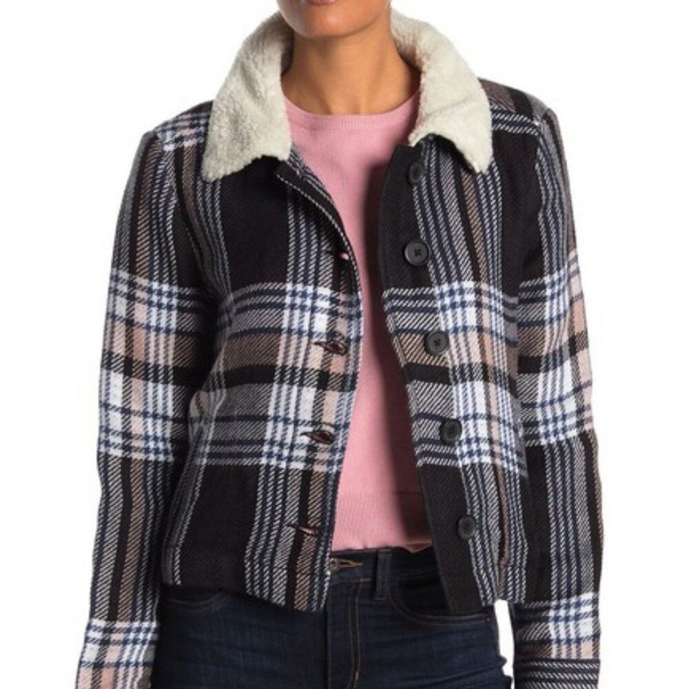 NEW SUSINA Faux Shearling Trim Jacket Long Sleeve SMALL Button Black Naya Plaid